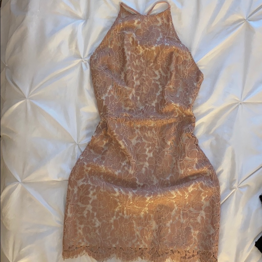 Blush pink, high neck floral blush dress